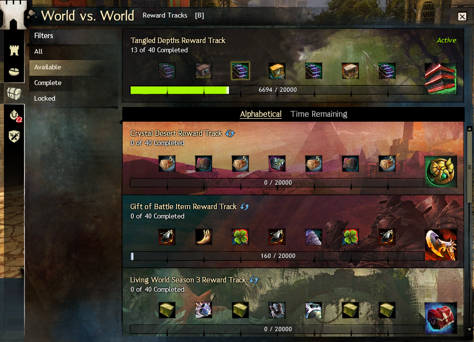 WvW Reward Tracks interface showing Skirmish track progress and chests